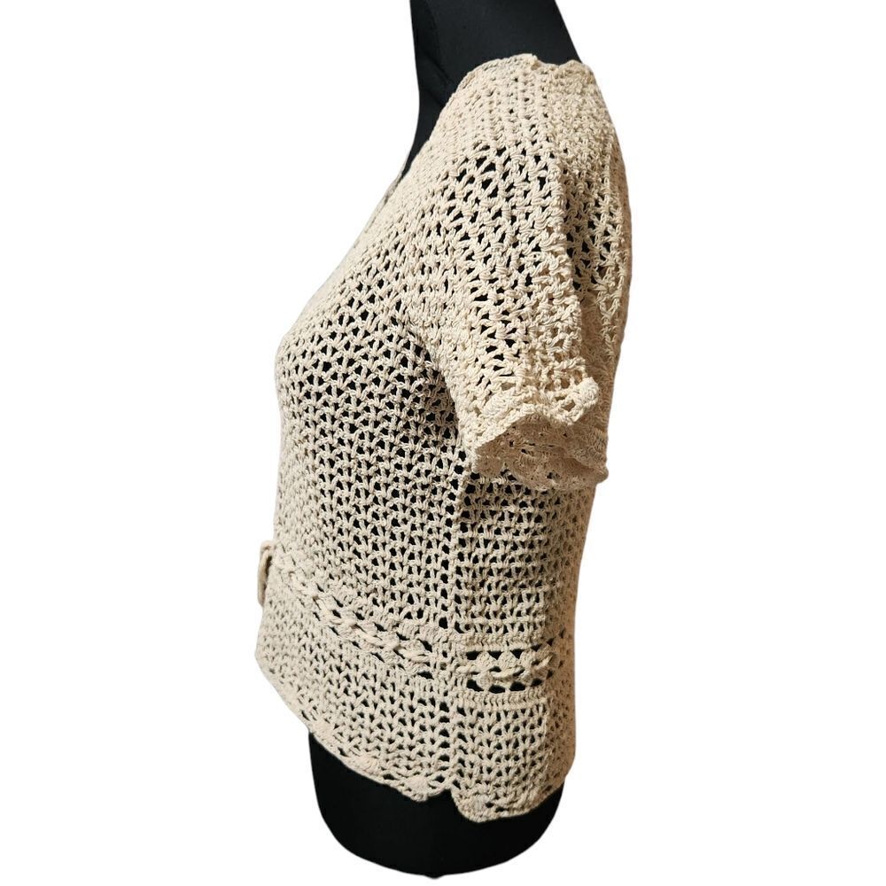 Vintage Crochet Shirt S M Cardigan Ivory Ecru Doily Scallop Loose Weave V Neck - Picture 3 of 10